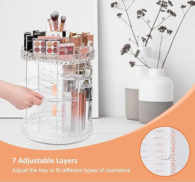 ZHIAI 360 Rotating Makeup Organizer, Large Capacity Cosmetics Organizer for Perfume Holder Organizer Countertop, DIY Adjustable Bathroom Makeup Carousel Holder Rack, Clear Diamond