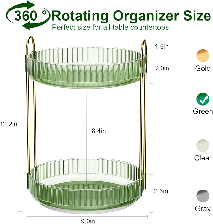 GTI 360°Rotating Makeup Organizer, 2 Tier Bathroom Counter Organizer,Large Capacity Perfume Cosmetics Skincare Vanity Organizers, Dresser Spinning Countertop Organizer and Storage for Women (Green)