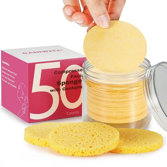 GAINWELL 50-Count Compressed Facial Sponges with Storage Container, for Facial Cleansing, Reusable Makeup Remover, Portable, Suitable for Travel, Yellow
