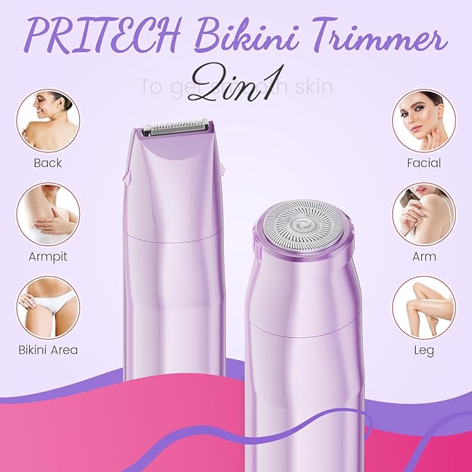 Bikini Trimmer for Women 2 in 1 Electric Razors for Women - Wet and Dry Electric Lady Shaver, Smooth Facial Hair Remover and Body Hair Trimmer for Bikini,Leg, Underarm, Face, Private Area (Purple)