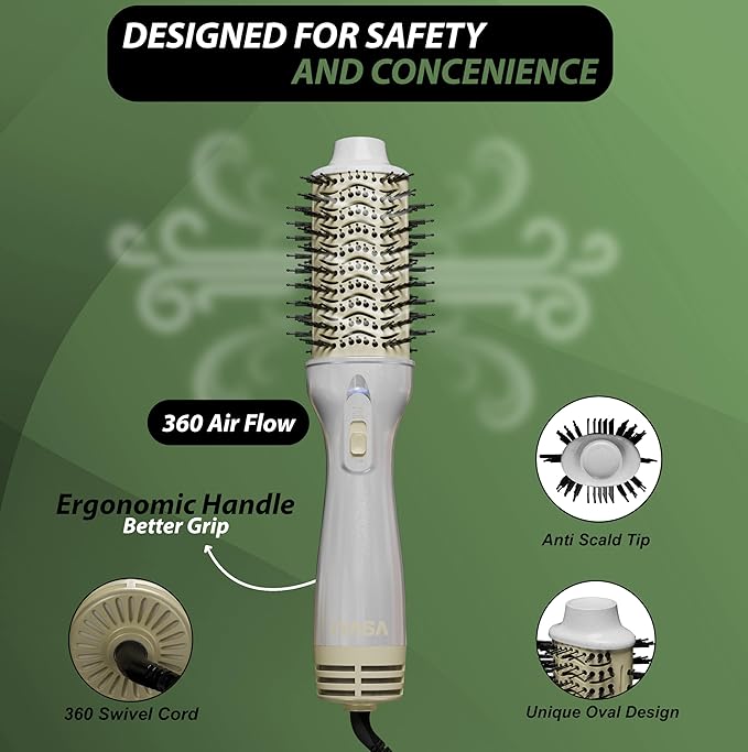 3” Large Barrel Ionic Hot Air Brush Hair Dryer – 75 mm One‑Step Volumizer Blowout Brush for Thick & Long Hair, 1100 W Plastic‑Tourmaline, Frizz Control, 3 Heat / 2 Speed, 13” Length