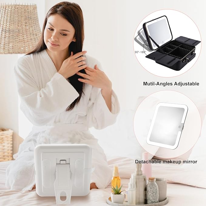 Mocado Travel Makeup Bag with LED Lighted Mirror,Makeup Case with 3 Color Lighted Setting and 10x Magnifying Mirror, Portable Storage and Adjustable Dividers (Black with Hard Leather)