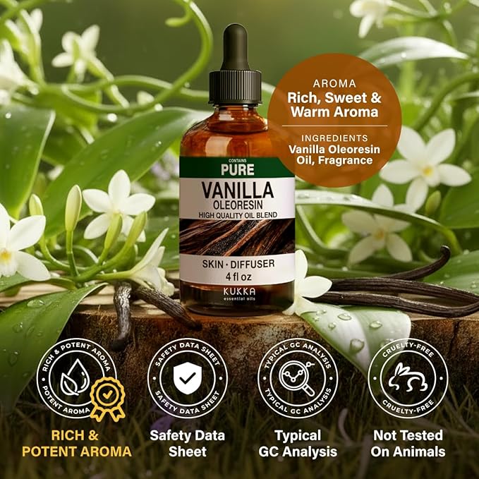 KUKKA Vanilla Essential Oils - 4 Fl Oz - for Hair, Skin, Diffuser, Aromatherapy & DIY Soap Making Scent