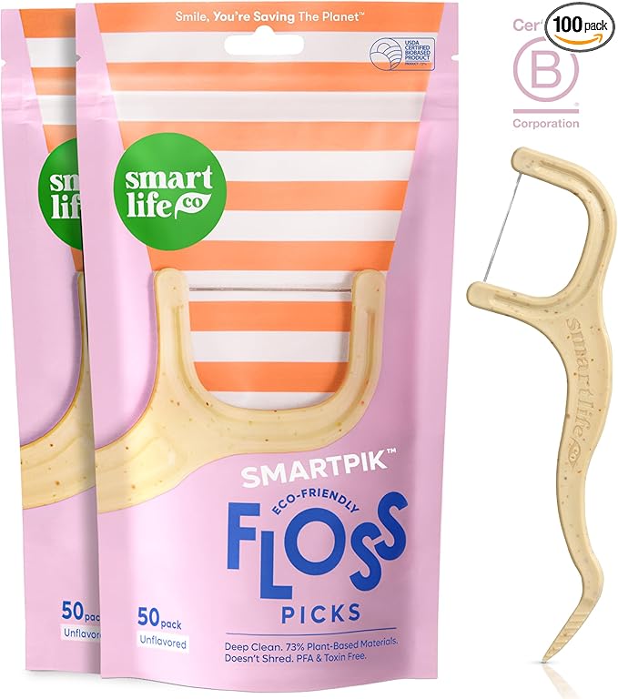 SmartLifeco Eco-Friendly Dental Floss Picks (100ct) - Flossers Made With Straw Wheat Blend, Strong Anti-Shred Thread For Tight Gaps, Tooth Pick Stick For Adults, Soft on Gum & Teeth, Vegan, Unflavored