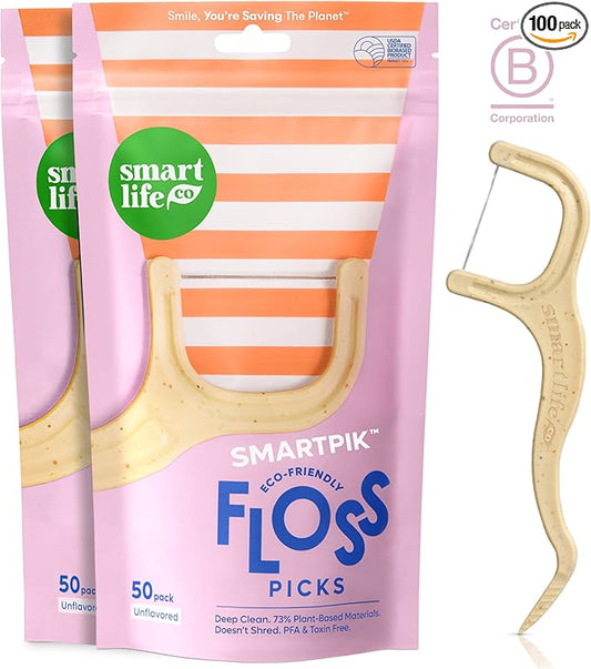 SmartLifeco Eco-Friendly Dental Floss Picks (100ct) - Flossers Made With Straw Wheat Blend, Strong Anti-Shred Thread For Tight Gaps, Tooth Pick Stick For Adults, Soft on Gum & Teeth, Vegan, Unflavored