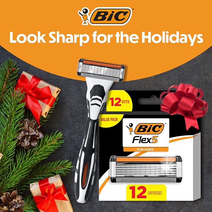 BIC Flex 5 Refillable Men's 5 Blade Razors Refills, Durable Blades, Precision Edging, 12 Refill Cartridges