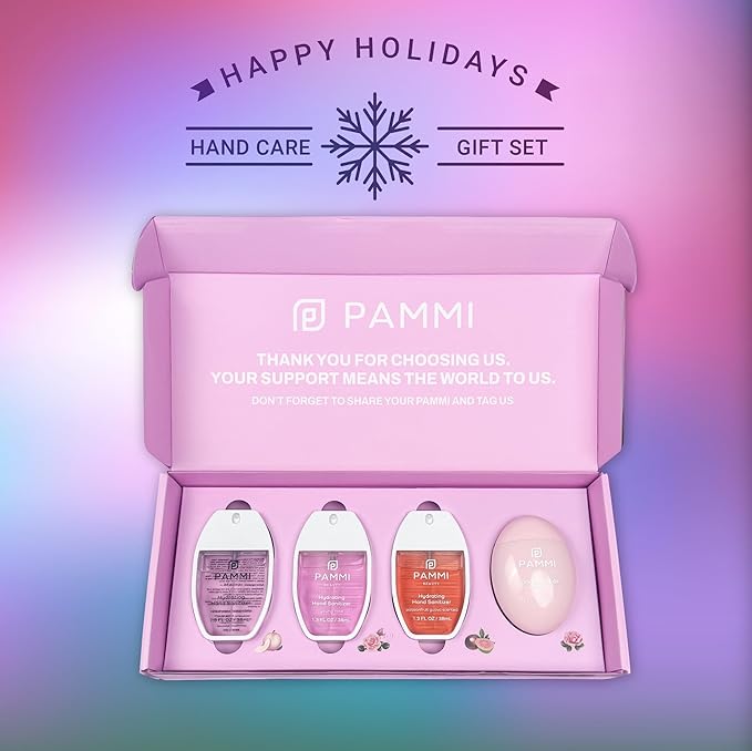 PAMMI Power Mist Hydrating Hand Sanitizer Spray, Portable Travel Size Pocket Scented Handsanitizer Mini Spray For Car - 600 Sprays (Gift Box (Rose Scent, Peach Scent, Guava Scent, Rose Water Lotion))