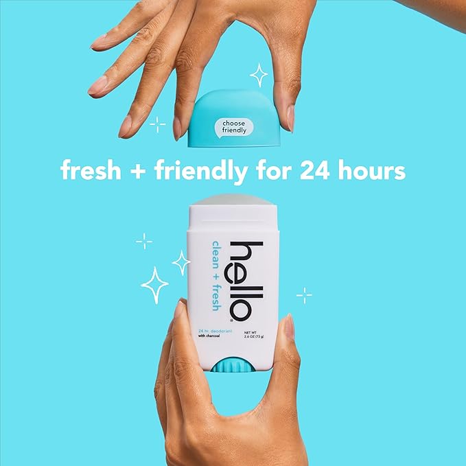 hello Clean and Fresh Aluminum Free Deodorant for Women and Men with Charcoal, 24-Hour Freshness, Baking Soda Free Deodorant, Dermatologically Tested, 2.6 oz Stick (2 Pack)