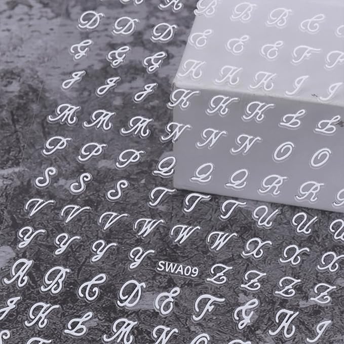 12 Sheets Letter Nail Art Stickers Decals 3D Self Adhesive Letter Nail Stickers for Nail Art Black White Silver Gold Retro English Nail Decals Letters Nail Design Nail Art Supplies