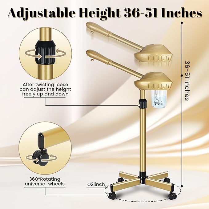 Facial Steamer Professional with More Steam for Deep Cleansing and Hydration, Steamer for Facial with Time Setting, Face Steamer Adjustable Height for Beauty, Spa and Home Use, Gold