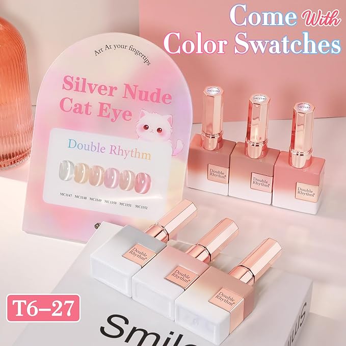 Double Rhythm Cat Eye Gel Nail Polish Set of 6 Same Color Same Bottle 0.5 Oz Shimmer Glitter with Magnet Holographic Reflective Magnetic UV Nail Polish Kit at Home (Silver Nude Pink-T6-27)