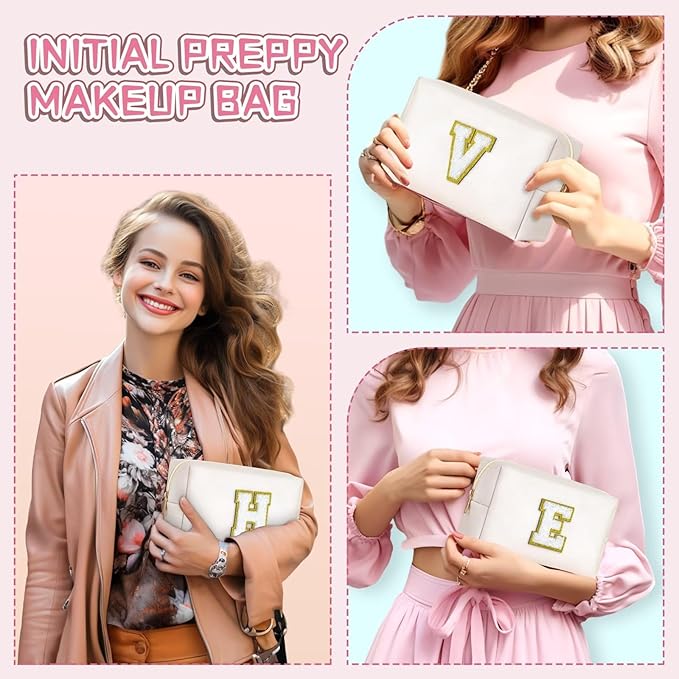 TOPEAST Personalized Birthday Gifts for Women, Preppy Patch Makeup Bag, Chenille Letter Pouch Cosmetic Bag, Travel Organizer, Gifts for Friends, Cute Stuff for Women (White L)