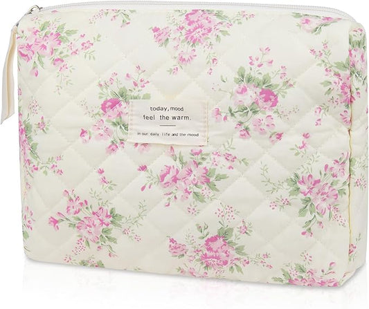 Floral Makeup Bag, Small Cosmetic Bag for Women Girls, Cute Cotton Makeup Bag, Quilted Makeup Bags, Flower Travel Toiletry Organizer Bag(Pink Flower)