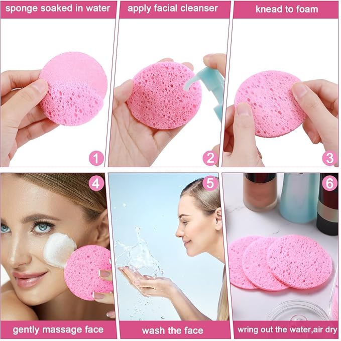 Geiserailie 50 Pcs Compressed Facial Sponges Facial Makeup Natural Cosmetic Spa Sponges for Women Cleansing, Exfoliating Mask, Makeup Removal, Dead Skin, and Dirt, Travel Accessories(Pink)