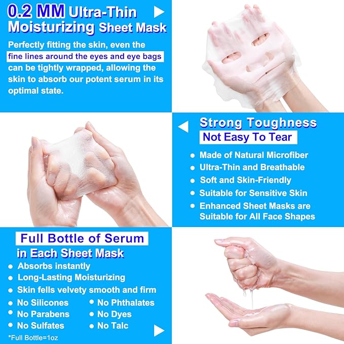 Collagen Face Mask with Hyaluronic Acid, Vitamin E Oil for Skin Care Hydrating, Moisturizing, Brightening & Anti Aging Face Masks Skincare for Oil, Dry, Acne, Sensitive All Skin Types 25PCS