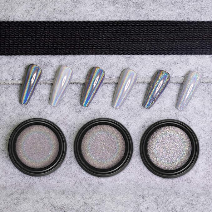 Artdone 3jars Holographic Chrome Nail Powder 1Gram Each, Unicorn Holo Rainbow Mirror Effect 20um 35um 65um Nail Pigment kit For Gel Polish Nail Art crome Set