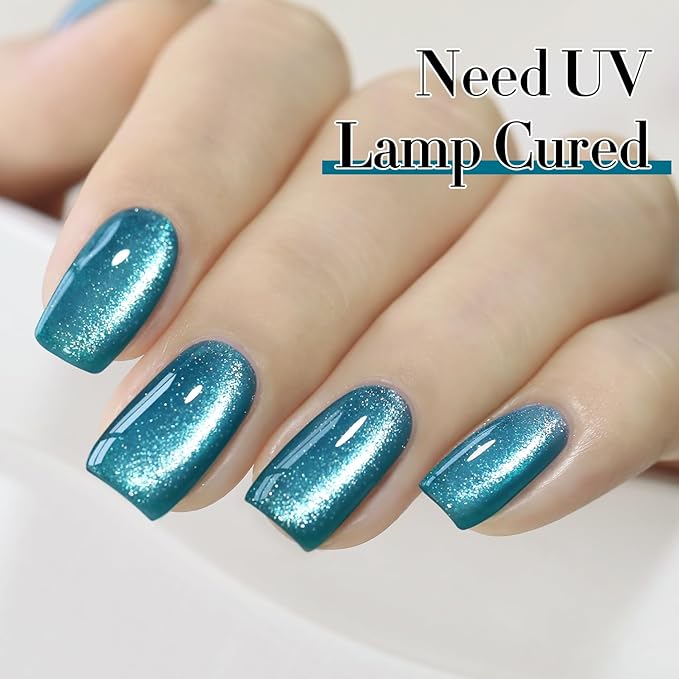 Double Rhythm 0.5 OZ Cat Eye Gel Polish with Magnet 15ML Holographic Glitter Shimmer Translucent Jelly Color Magnetic Polish Salon DIY at Home (Teal-MC1071)