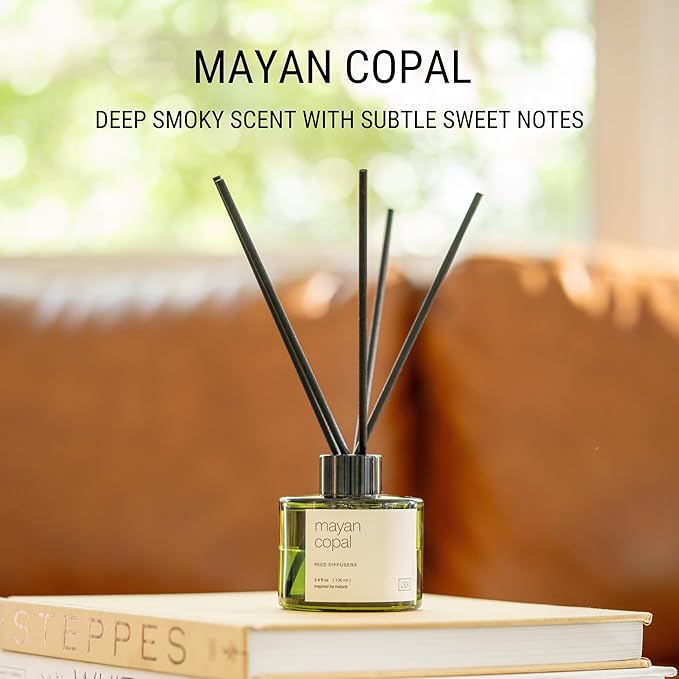 Craft & Kin Mayan Copal Christmas Reed Diffuser | All Natural Essential Oil & Rattan Scent Sticks | Winter Reed Diffusers for Home, Bathroom | Long Lasting Home Fragrance in Green Glass, 3.4oz