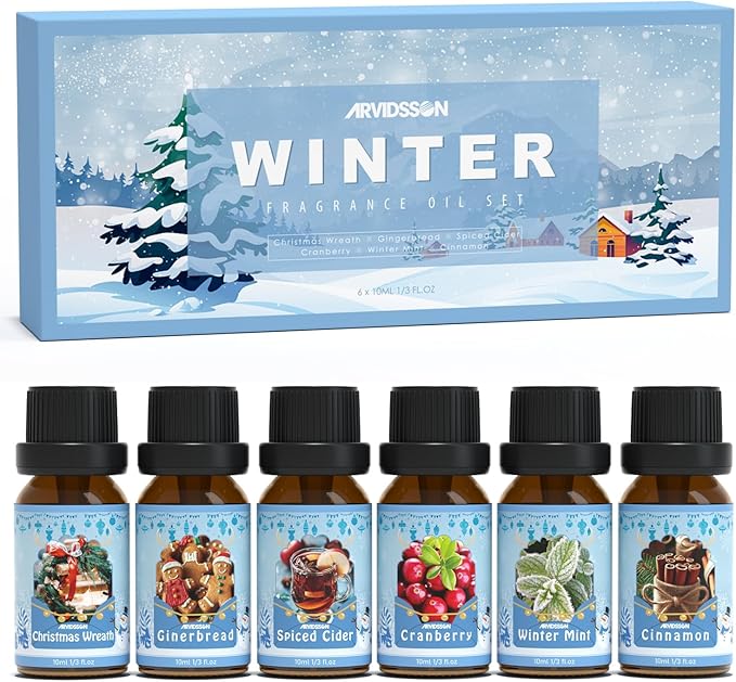Winter Essential Oils Set, ARVIDSSON Holiday Fragrance Oil for Diffuser, Cinnamon, Christmas Wreath, Apple Cider, Gingerbread, Cranberry, Winter Mint Scented Oils for Home