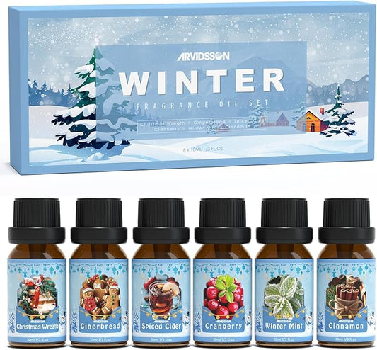 Winter Essential Oils Set, ARVIDSSON Holiday Fragrance Oil for Diffuser, Cinnamon, Christmas Wreath, Apple Cider, Gingerbread, Cranberry, Winter Mint Scented Oils for Home
