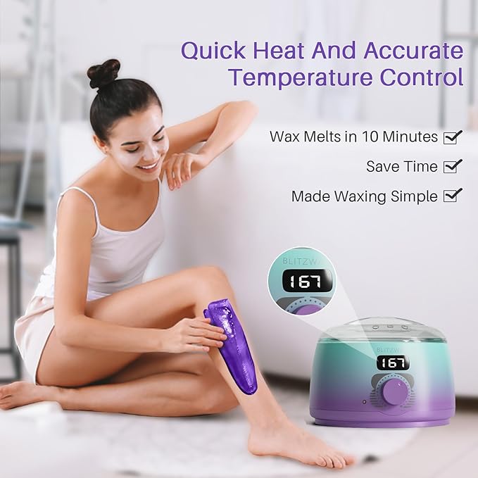 BLITZWAX Brazilian and Bikini Waxing Kit for Women, Hard Wax Warmer for Face, Legs, and Body, At Home Hair Removal Kit, Beginner Friendly, Quick Heating, 32pcs Wax Spatulas