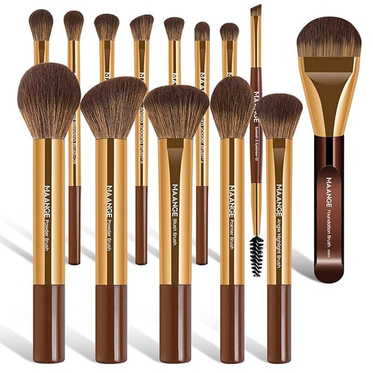 MAANGE 14-Piece Makeup Brush Set with Aluminum Ferrule- Premium Synthetic Makeup Brushes Kit Foundation Powder Brush Eye Shadow for Beginners & Professionals(Gold Coffee)