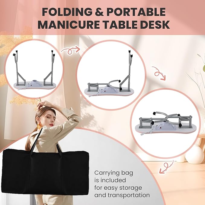 WELLHUT Nail Tech Table Vented Manicure Table w/LED Lamp, Dust Collector, Carry Bag & Soft Cushion, Portable Nail Tables w/Universal Mute Wheels for Nail Lovers Home Spa Beauty Salon