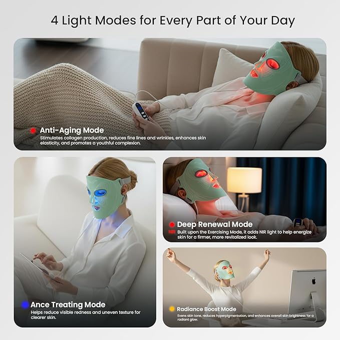 LED Light Therapy Mask for Face, 4 Modes LED Face Mask Light Therapy with 850nm Near-Infrared, 400 LEDs, Rechargeable, Portable Anti-Aging Device (Sage Green)