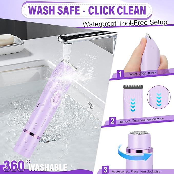 Women's Bikini Trimmer, 2-in-1 Electric Shaver for Bikini Line, Legs, Underarms, Face - Waterproof Women's Electric Shaver for Sensitive Skin, USB Rechargeable(Purple)