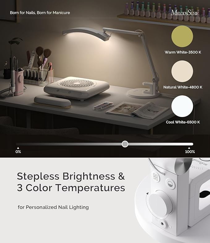 MelodySusie LED Manicure Table Lamp for Nail Techs, S-Pro29G Professional Nail Desk Light with Magnetic UV Curing Lamp, Adjustable Arm, Dimmable Brightness & 3 Color Temps for Gel Nails & Nail Art
