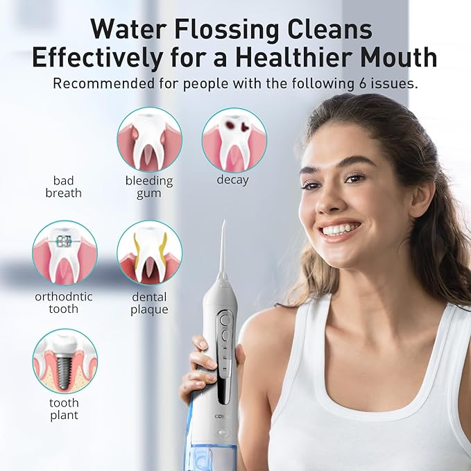 COSLUS Water Dental Flosser Teeth Pick: Portable Cordless Oral Irrigator 300ML Rechargeable Travel Irrigation Cleaner IPX7 Waterproof Electric Flossing Machine for Teeth Cleaning C20(F5020E) White