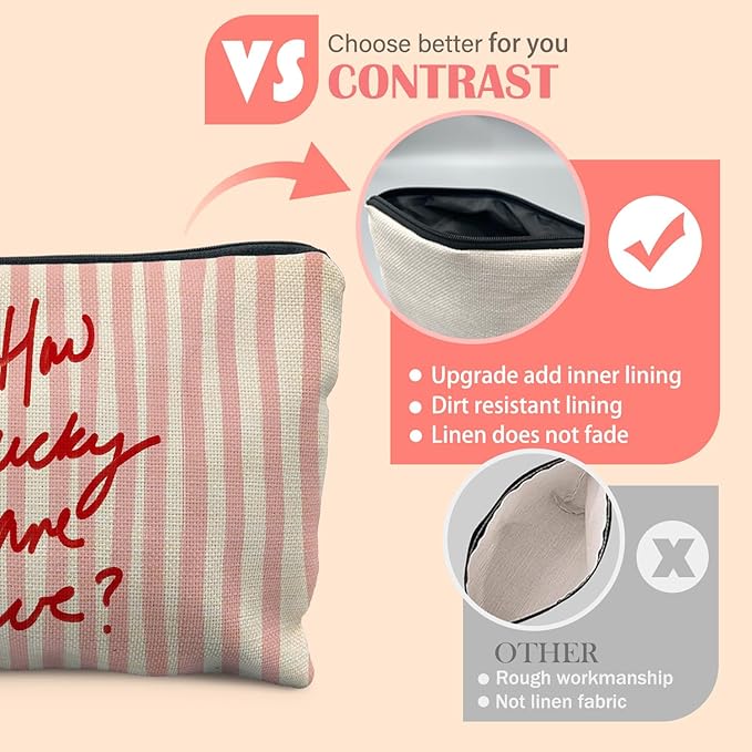 Retro Red Pink Striped Makeup Bag for Women, Positive Gifts for Women, How Lucky Are We Trendy Aesthetic Cosmetic Bag for Purse, Preppy Girly Makeup Zipper Pouch