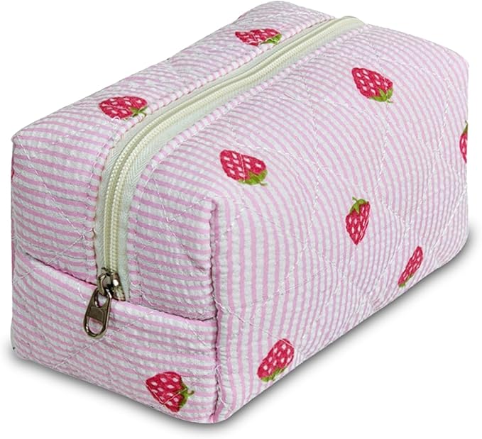 Quilted Makeup Pouch,Cotton Puffy Makeup Bag, Coquette Cosmetic Bag for Women and Girls, Aesthetic Organizer Bag, Cute Flower Travel Toiletry Bag