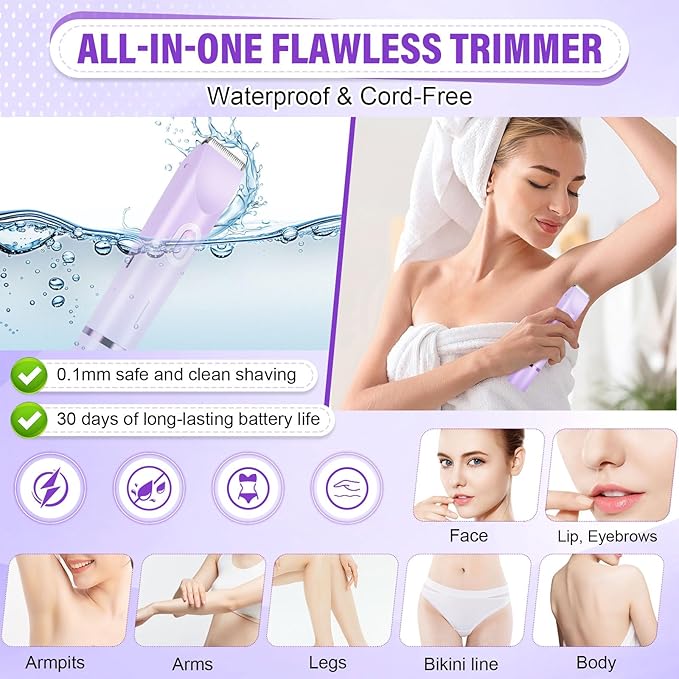 Women's Bikini Trimmer, 2-in-1 Electric Shaver for Bikini Line, Legs, Underarms, Face - Waterproof Women's Electric Shaver for Sensitive Skin, USB Rechargeable(Purple)