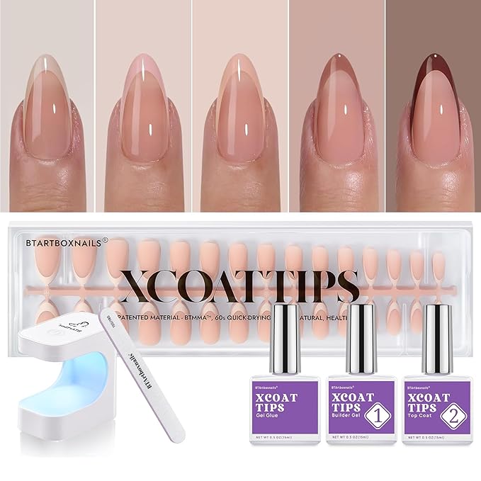 BTArtboxnails XCOATTIPS Press on Nails Almond - Skin Tones French Tip Nails, Medium Soft Gel Nail Tips with Nail Gel, French Protecting Duo, Nail Lamp, All in One Fake Nail Extension Kit