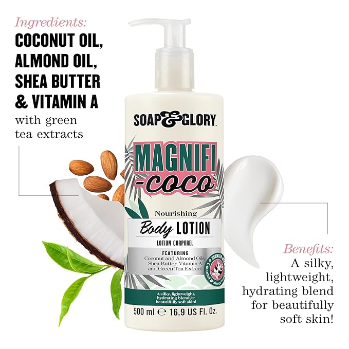 Soap & Glory Magnifi-Coco Body Lotion - Coconut Body Moisturizer with Vitamin A, Shea Butter & Rose Canina Fruit Oils - Rich Moisturizing Lotion for Dehydrated Skin (500ml) (Pack of 2)
