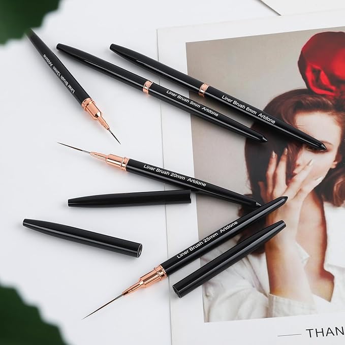 Artdone Metallic Nail Art Pens, Liner Brushes Set, 5PCS Black Color Nail Tools For Long Lines, Thin Details, Fine Drawing, Liner Brush UV Gel Polish Painting Nail Design Sizes 5/8/12/20/25mm