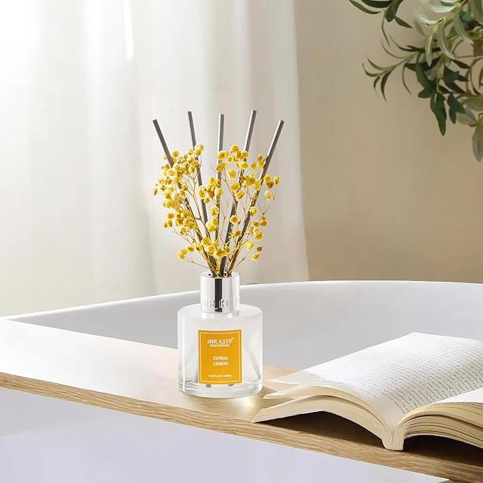 Airkeep Reed Diffuser Set,3.38 fl oz (100 ml) - Citrus Lemon Oil Diffusers with 8 Reed Sticks, Home Fragrance Reed Diffuser for Bathroom Shelf Decor