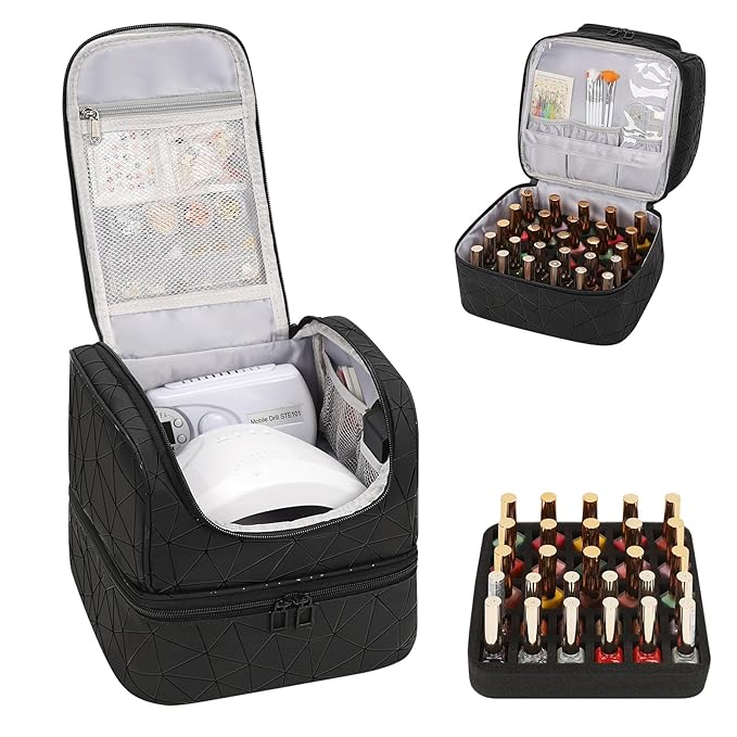 CUBETASTIC Nail Polish Organizer, Cute Nail Tech Organizers And Storage Bag Holds 45 Bottles & UV Nail Lamp, Compact Double-Layer Travel Nail Supplies Case for Nail Kit (Triangle Black, 27 Slots)