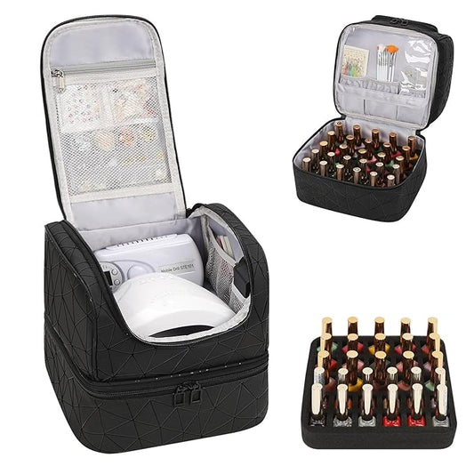 CUBETASTIC Nail Polish Organizer, Cute Nail Tech Organizers And Storage Bag Holds 45 Bottles & UV Nail Lamp, Compact Double-Layer Travel Nail Supplies Case for Nail Kit (Triangle Black, 27 Slots)