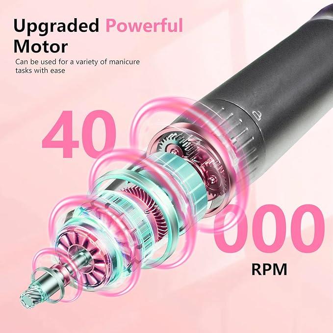 BETE Professional Nail Drill, 40000 RPM Cordless Electric Nail File Kit with 6 Bits, Rechargeable Efile for Acrylic Gel Nails Polishing, Manicure Tools for Salon Home Use, Pink
