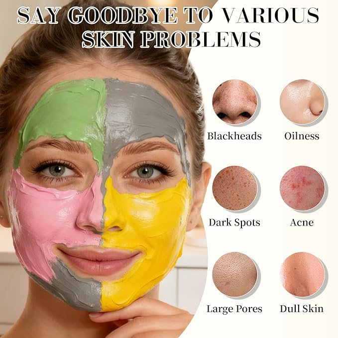4pcs Clay Mask for Face(360g in total), Turmeric Vitamin C, Dead Sea Mud,Green Tea, Avocado, Rose, Facial Clay Mask Set, Gift Set for Women, Face Mask Skin Care, Gifts for Women, 3.17 Oz Each