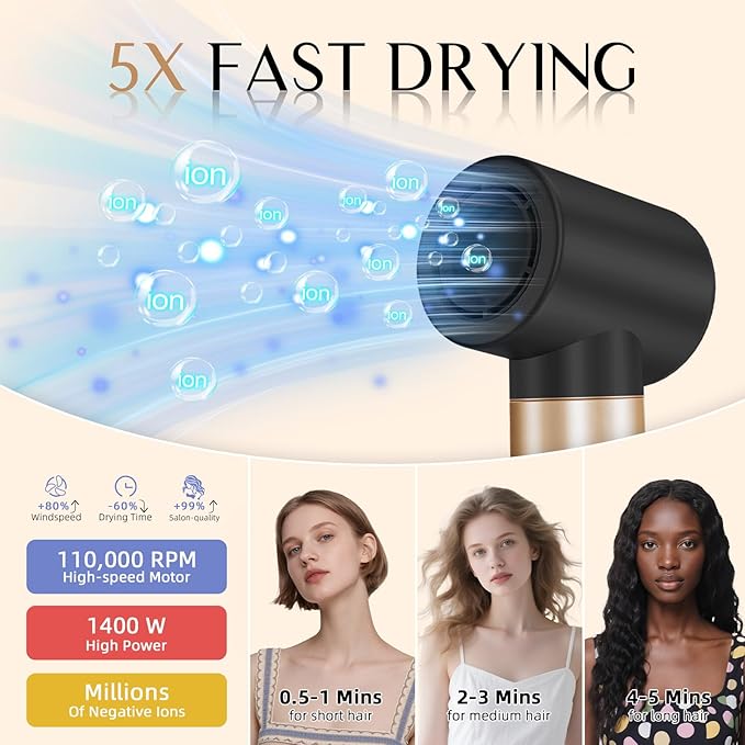 RUCHA 8 in 1 Hair Nora Styler & Hair Dryer Brush Blow Dryer, 110000 RPM High-Speed Hot Brush Styler and Auto Wrap Curlers, Negative Ions for Straightening Curling Volumizing Drying, Black