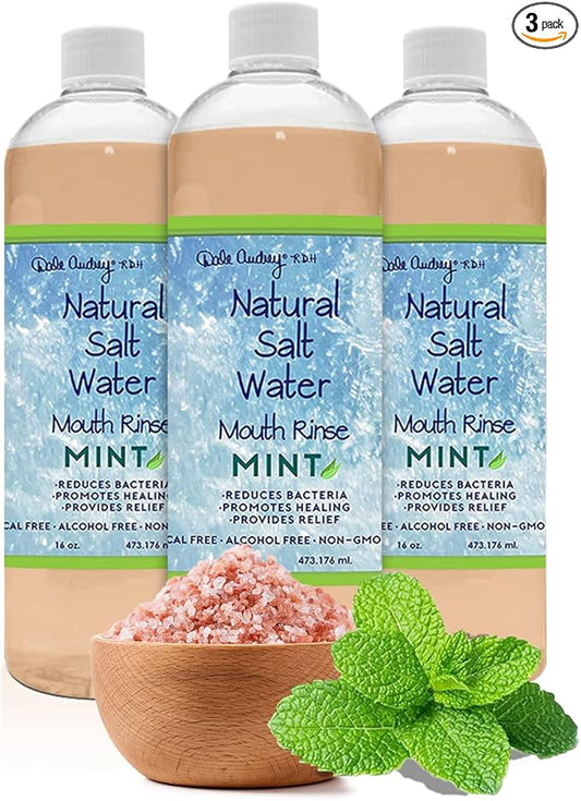 3 Pack Natural Saltwater Mouth Rinse | Himalayan Pink Salt Water Oral Rinse | Organic Refreshing Mint Flavor Fluoride & Alcohol Free Mouthwash for Fresh Breath | Natural Gum Care Mouthwash-16 FL Oz