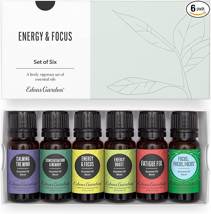 Edens Garden Energy & Focus Essential Oils 6 Set – 100% Pure Therapeutic Grade, Undiluted Blends For Clarity, Motivation & Mental Boost – No Fragrance Oil, Perfect For Diffuser & Office, 10 ml/ 6 Pack
