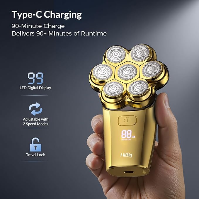 Head Shavers for Bald Men - 7D Arc Electric Razor with Magnetic Detachable Head, Waterproof Wet Dry 5-in-1 Electric Shaving & Grooming Kit, LED Display Rechargeable Head & Body Hair Shaver, Gold