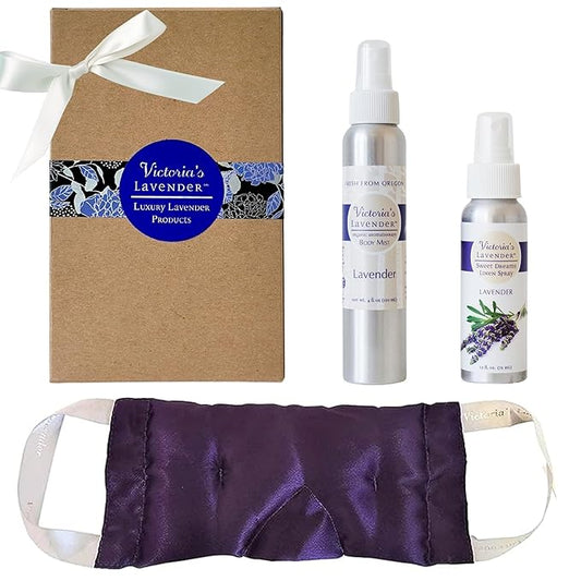 Victoria's Lavender Luxury Aromatherapy Eye Mask, Body Mist 4 oz, Pillow & Linen Spray 2.5 oz with Lavender Essential Oil, Made in the USA Gift Set Ideal for Lavender Lovers - (Set of 3)