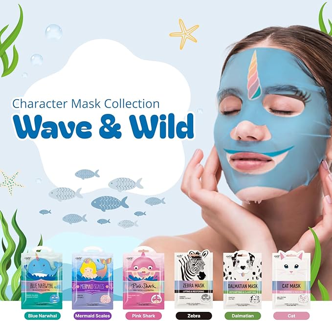 Epielle Character Face Mask Wave & Wild 6 Pack, Fun & Effective Korean Skin Care, Spa Party Favors, Stocking Stuffers, Birthday Gifts for Women, Thanksgiving Essentials