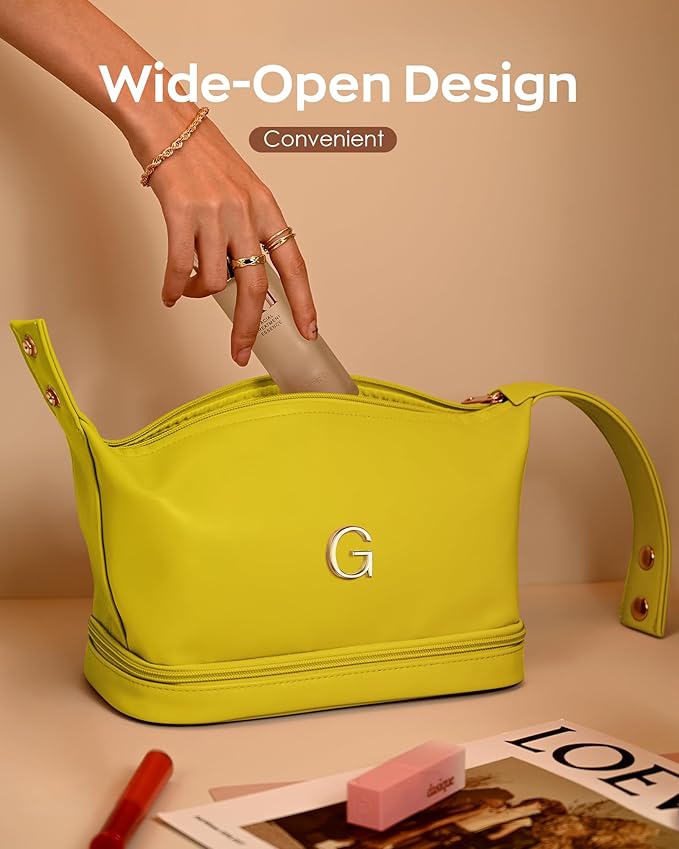 Teen Girl Gifts Trendy Stuff, Makeup Bags for Women with Handle, Initial Double Layer Cosmetic Bag with Makeup Brush Organizer, Cute Cosmetic Pouch for Women, Gifts for Friends Female Mom