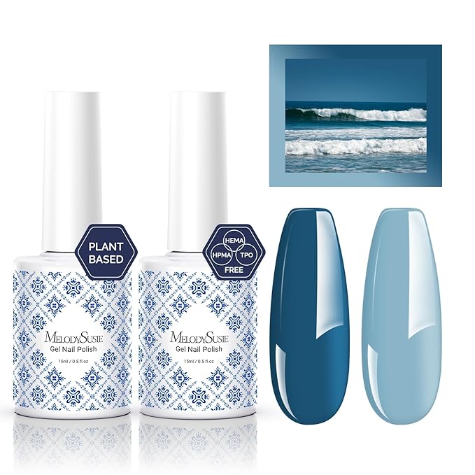 MelodySusie Fleurwee Plant Based Gel Nail Polish, 2 Pcs Hema Free Gel Polish Dark Indigo Blue and Gray Blue Nail Polish 21 Non Toxic Long Lasting Nail Art Salon DIY Manicure at Home Gift for Women